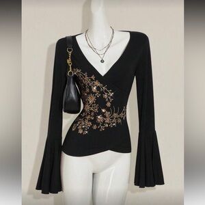 SHEIN Black Top with Gold Floral Embroidery